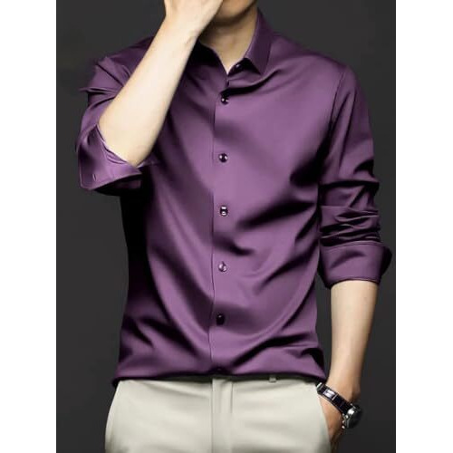 Indoprimo Men's Stylish Solid Satin Casual Shirt For Men Full Sleeve (In, Alpha, M, Regular, Purple)