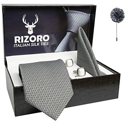 Rizoro Mens Plaid Micro Self Silk Necktie Gift Set With Pocket Square Cufflinks & Brooch Pin Formal Tie With Leatherite Box (Silver Sidislrx Free Size)