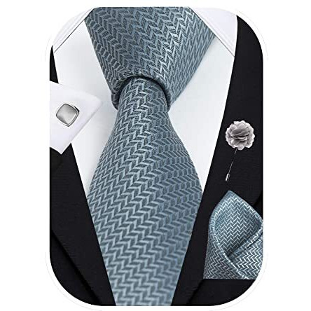 Rizoro Mens Plaid Micro Self Silk Necktie Gift Set With Pocket Square Cufflinks & Brooch Pin Formal Tie With Leatherite Box (Silver Sidislrx Free Size)