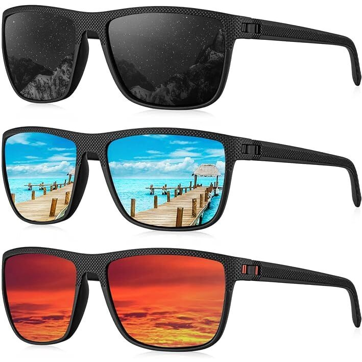 Rocf Rossini 3 Pack Polarized Sunglasses For Men Lightweight Sun Glasses With Uv Protection For Driving Fishing Golf (Black+Ice Blue+Red),Rectangular