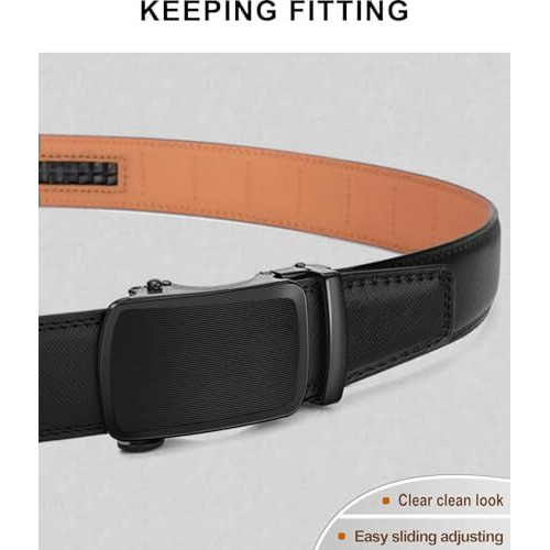 Contacts Genuine Leather Belt For Men With Easier Adjustable Autolock Buckle Fit Everywhere |Formal & Casual | Elegant Gift Box (45-Black-Waist Size Fit From 28" To 42")