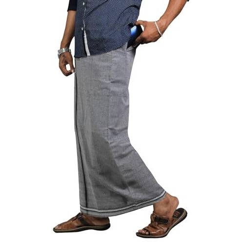 Prakasam Cotton Mens Cotton Kerala Thalapathi Border Welcro Pocket Dhoti (Size -L Size Dhoti) / Ash Colour Thalapathi Adjustable Pocket Dhoties For Mens