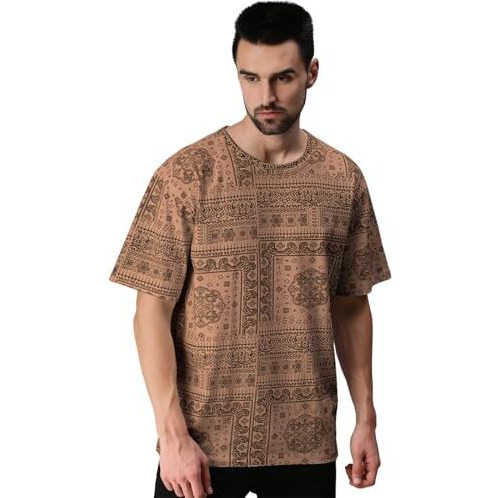 Veirdo Pure Cotton Oversized Loose Baggy Fit Drop Shoulder Round Neck Paisley Half Sleeves T-Shirt For Men (Os_100_785_Bg_Xl) Beige