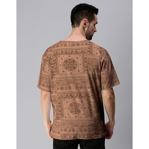 Veirdo Pure Cotton Oversized Loose Baggy Fit Drop Shoulder Round Neck Paisley Half Sleeves T-Shirt For Men (Os_100_785_Bg_Xl) Beige