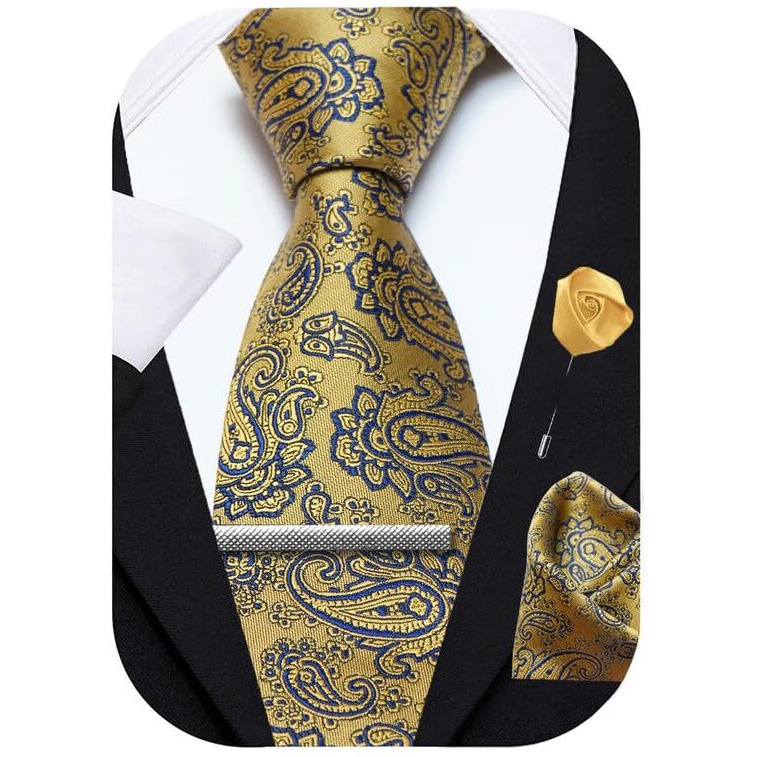 Axlon Yellow Pasiley Tie For Men  Formal Ties Set With Pocket Square, Cufflink, Tie Clip & Flower Pin With Gift Box For Mens (Axfbk36)