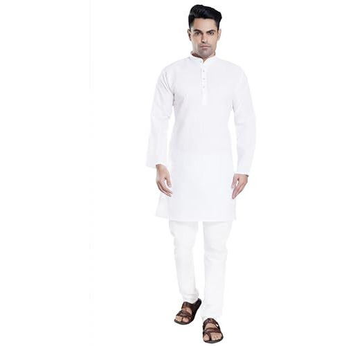 Divisive Men's Plain Cotton Blend Linen Slim Fit Kurta Pyjama Set (Dkrt70_Xl_White)