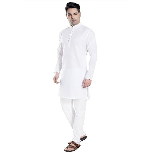 Divisive Men's Plain Cotton Blend Linen Slim Fit Kurta Pyjama Set (Dkrt70_Xl_White)