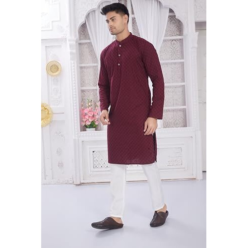 Divisive Men's Thread Embroidered Cotton Only Slim Fit Kurta (Dkrt631_L_Burgundy)