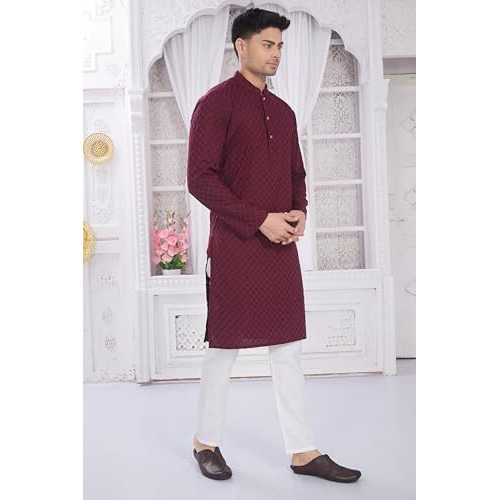 Divisive Men's Thread Embroidered Cotton Only Slim Fit Kurta (Dkrt631_L_Burgundy)