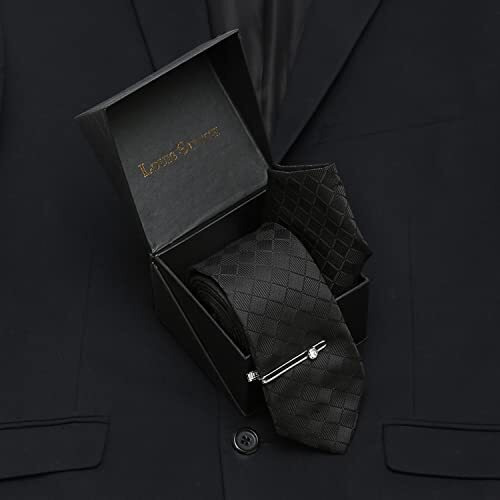 Louis Stitch Mens Sable Black Italian Silk Necktie Set Incl Pocket Square Chrome Tiepin American Style Formal Tie Gift Set For Men (Tecpbl-)
