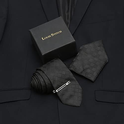 Louis Stitch Mens Sable Black Italian Silk Necktie Set Incl Pocket Square Chrome Tiepin American Style Formal Tie Gift Set For Men (Tecpbl-)