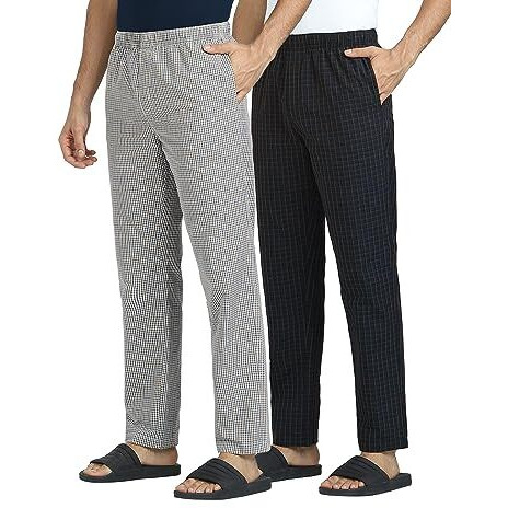 Xyxx Men Combed Cotton Casual Style Pyjama, Regular Fit, Checkmate, Pack Of 2, Xypyjm2Pckn91L, Sandy Grey + Charcoal Black, Large