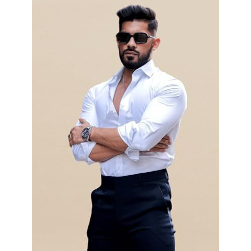 Indoprimo Men's Casual Solid Satin Shirt For Men Full Sleeves - Crystal (X-Large, White)