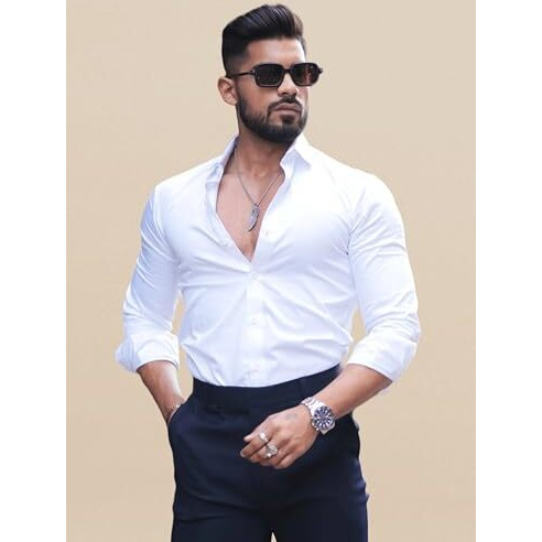 Indoprimo Men's Casual Solid Satin Shirt For Men Full Sleeves - Crystal (X-Large, White)