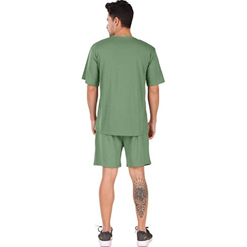 London Hills Cotton Blend Casual Round Neck Co-Ord Set For Men's Sleepwear & Loungewear Nightdress Pyjama Set & Night Suits Set For MenS Green