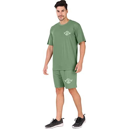 London Hills Cotton Blend Casual Round Neck Co-Ord Set For Men's Sleepwear & Loungewear Nightdress Pyjama Set & Night Suits Set For MenS Green