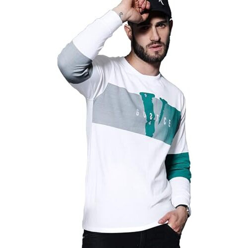 Juari Be A Gentleman Premium Super Combed Cotton Printed T-Shirt For Men - Stylish And Comfortable Long Sleeve Tee Featuring A Modern Color Block Design With Bold Graphic Print (Large, White)