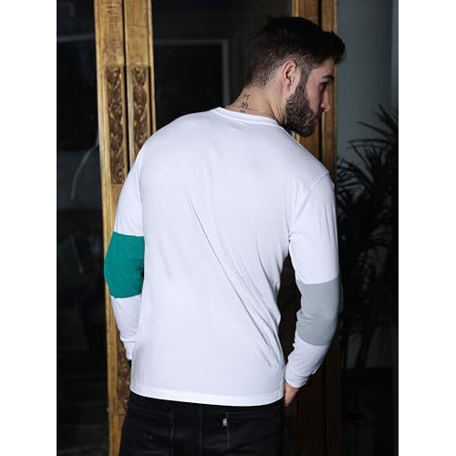 Juari Be A Gentleman Premium Super Combed Cotton Printed T-Shirt For Men - Stylish And Comfortable Long Sleeve Tee Featuring A Modern Color Block Design With Bold Graphic Print (Large, White)