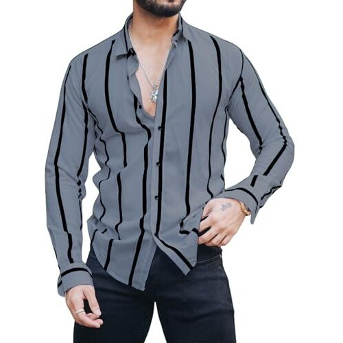 Miramichi Men's Striped Slim Fit Lycra Shirt | Full Sleeve Stretchable Shirt | Trendy Black And White Vertical Stripes For Casual (In, Alpha, L, Grey)