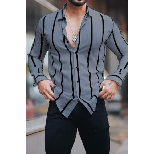 Miramichi Men's Striped Slim Fit Lycra Shirt | Full Sleeve Stretchable Shirt | Trendy Black And White Vertical Stripes For Casual (In, Alpha, L, Grey)