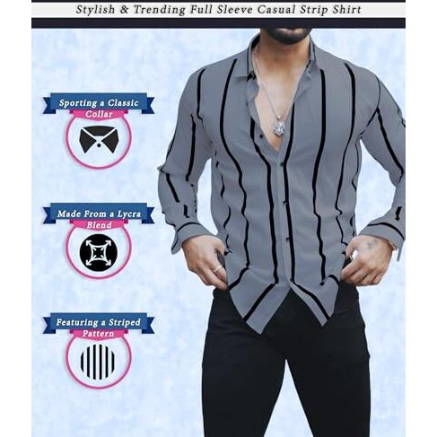 Miramichi Men's Striped Slim Fit Lycra Shirt | Full Sleeve Stretchable Shirt | Trendy Black And White Vertical Stripes For Casual (In, Alpha, L, Grey)