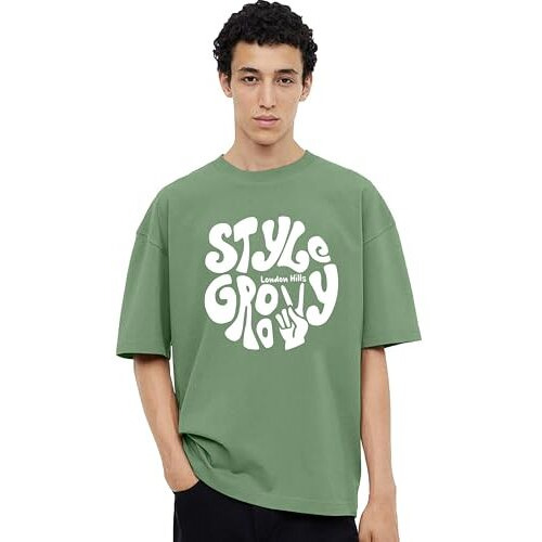 London Hills Men Cotton Blend Half Sleeve Oversized T-Shirt Green