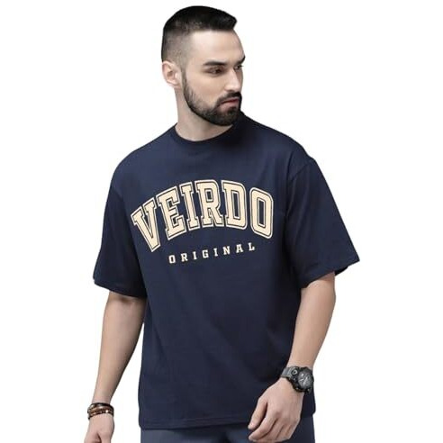Veirdo Pure Cotton Navy Blue Oversized Fit Typographic Printed Half Sleeve T-Shirt For Men (Os_100_Vdorgnl_Nvy_M)