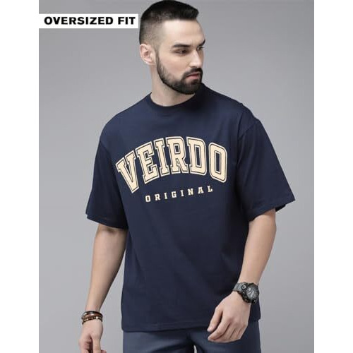 Veirdo Pure Cotton Navy Blue Oversized Fit Typographic Printed Half Sleeve T-Shirt For Men (Os_100_Vdorgnl_Nvy_M)