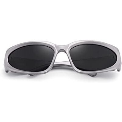 4Flaunt Futuristic Series Wraparound Y2K Sunglasses For Men & Women | Uv Protected | Full Rim Trending & Stylish Shades | Free Size (C3 - Silver Frame/Grey Lens)
