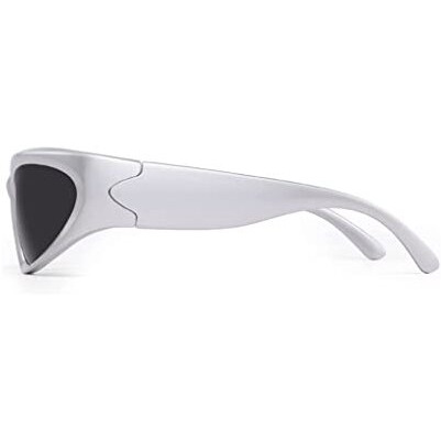 4Flaunt Futuristic Series Wraparound Y2K Sunglasses For Men & Women | Uv Protected | Full Rim Trending & Stylish Shades | Free Size (C3 - Silver Frame/Grey Lens)
