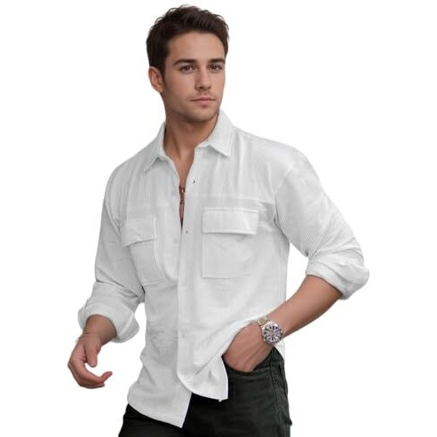 Indoprimo Men's Regular Fit Fancy Double Pocket Casual Shirt For Men Full Sleeves - Cargo (In, Alpha, Xl, Regular, White)