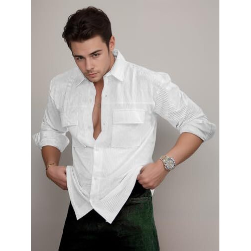 Indoprimo Men's Regular Fit Fancy Double Pocket Casual Shirt For Men Full Sleeves - Cargo (In, Alpha, Xl, Regular, White)