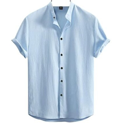 Swadesi Stuff Men's Regular Fit Polycotton Casual Chinese Collar Half Sleeve Solid Color Shirt (In, Alpha, Xl, Regular, Sky Blue)