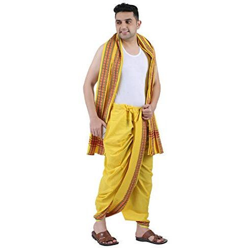 Prakasam Cotton Men's Panchakachamready Made (Ready To Wear) Dhoti Towel Set With Pocket- Free Size (Yellow)
