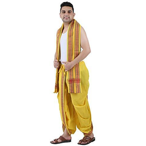 Prakasam Cotton Men's Panchakachamready Made (Ready To Wear) Dhoti Towel Set With Pocket- Free Size (Yellow)