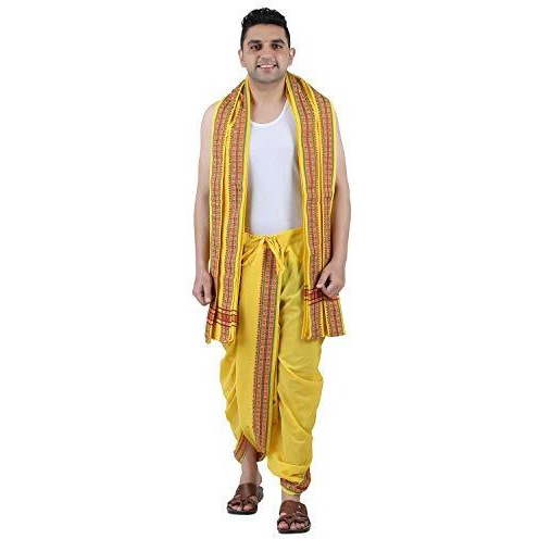 Prakasam Cotton Men's Panchakachamready Made (Ready To Wear) Dhoti Towel Set With Pocket- Free Size (Yellow)