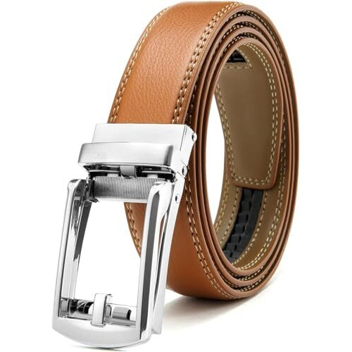 Contacts Genuine Leather Belt For Men With Easier Adjustable Autolock Buckle Fit Everywhere |Formal & Casual | Elegant Gift Box (15-Light Brown Nickle-Waist Size Fit From 28" To 42")