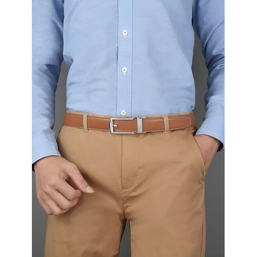 Contacts Genuine Leather Belt For Men With Easier Adjustable Autolock Buckle Fit Everywhere |Formal & Casual | Elegant Gift Box (15-Light Brown Nickle-Waist Size Fit From 28" To 42")