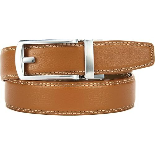 Contacts Genuine Leather Belt For Men With Easier Adjustable Autolock Buckle Fit Everywhere |Formal & Casual | Elegant Gift Box (15-Light Brown Nickle-Waist Size Fit From 28" To 42")