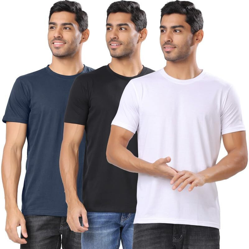 London Hills Men Round Neck Cotton Blend Multicolor Half Sleeve Solid Regular Fit T-Shirts (Pack Of 3), Medium
