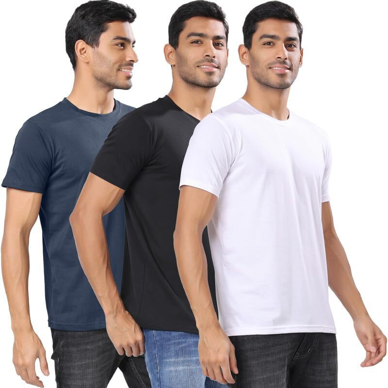 London Hills Men Round Neck Cotton Blend Multicolor Half Sleeve Solid Regular Fit T-Shirts (Pack Of 3), Medium