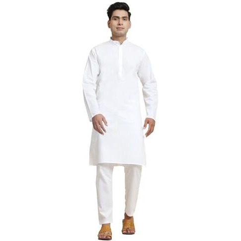 Amazon Brand - Anarva Men's Pure Cotton Solid Kurta Pajama Set Mandarin Collar Casual Yoga Dress (White, Large)