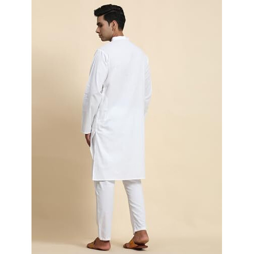 Amazon Brand - Anarva Men's Pure Cotton Solid Kurta Pajama Set Mandarin Collar Casual Yoga Dress (White, Large)