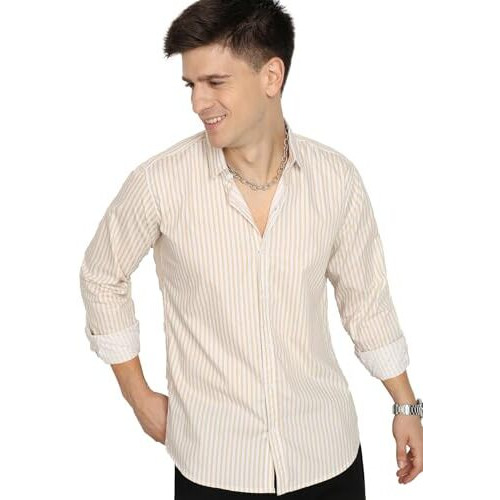 Men's Cotton Casual Printed Solid Stylish Latest Slim Fit Shirt For Men (Brown-White Medium)