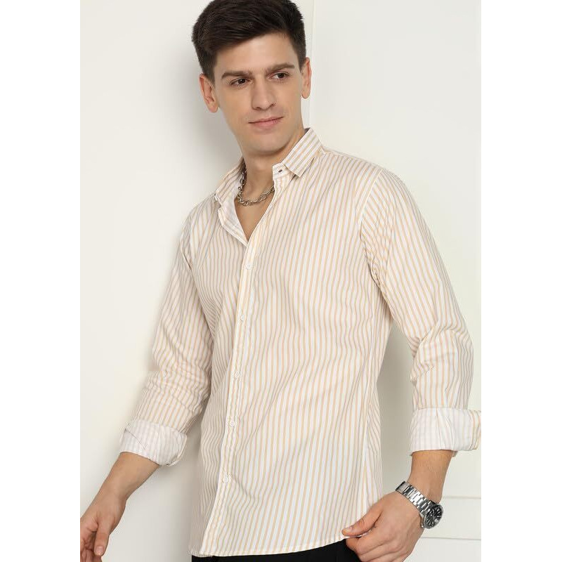 Men's Cotton Casual Printed Solid Stylish Latest Slim Fit Shirt For Men (Brown-White Medium)
