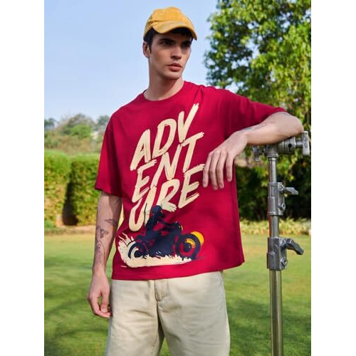 Bewakoof Men's Graphic Print Oversized Fit Half Sleeve Round Neck Cotton T-Shirt Red