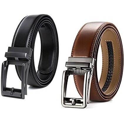 Contacts Men's Genuine Leather Auto Lock Buckle Belt Pack Of 2(Black & Tan)