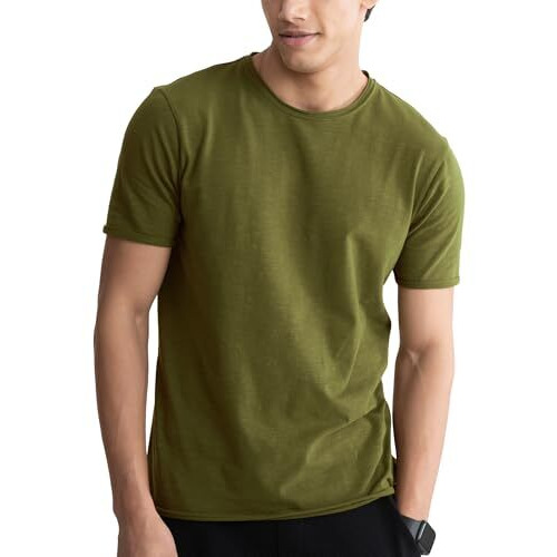 Damensch MenS Slim Fit Cotton-Elastane Blend Half Sleeve Casual T-Shirt | Round Neck T-Shirt Olive Green