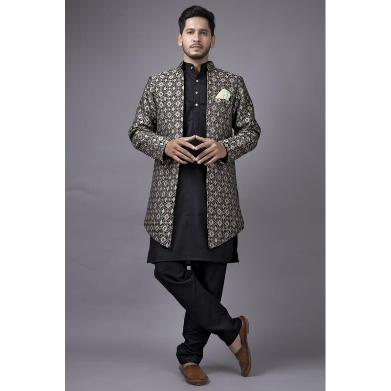 Amzira Mens Stylish Ethnic Wear Stand Collar Full Sleeve Black Kurta Pajama With Long Jacket Set(Black M, Size)