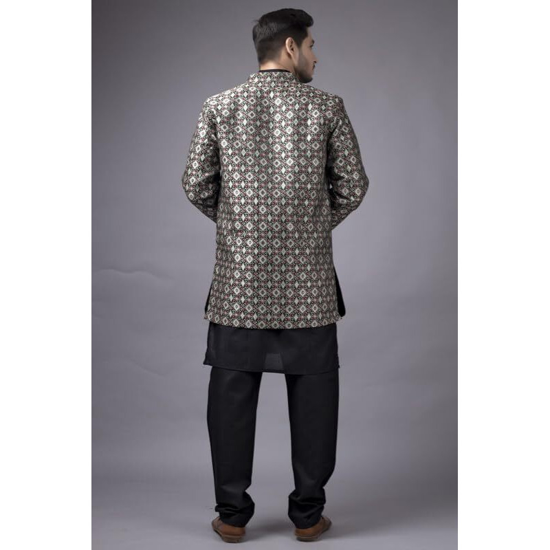 Amzira Mens Stylish Ethnic Wear Stand Collar Full Sleeve Black Kurta Pajama With Long Jacket Set(Black M, Size)